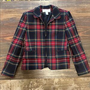 Hip length Women's collared Tweed Preppy Tartan Plaid blazer 100% Wool Zip Front